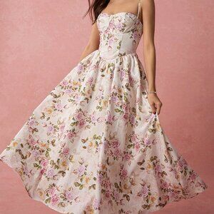 White Boho Romantic Women's Floral Long Print Spaghetti Strap A-Line Dress